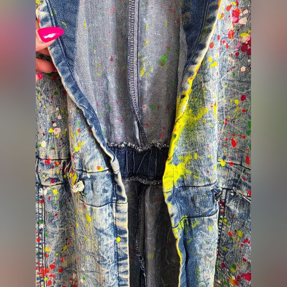 Aphrodite Acid Wash Denim Paint Splatter Open Frnt Long Jacket L Distress Hood - Picture 7 of 14